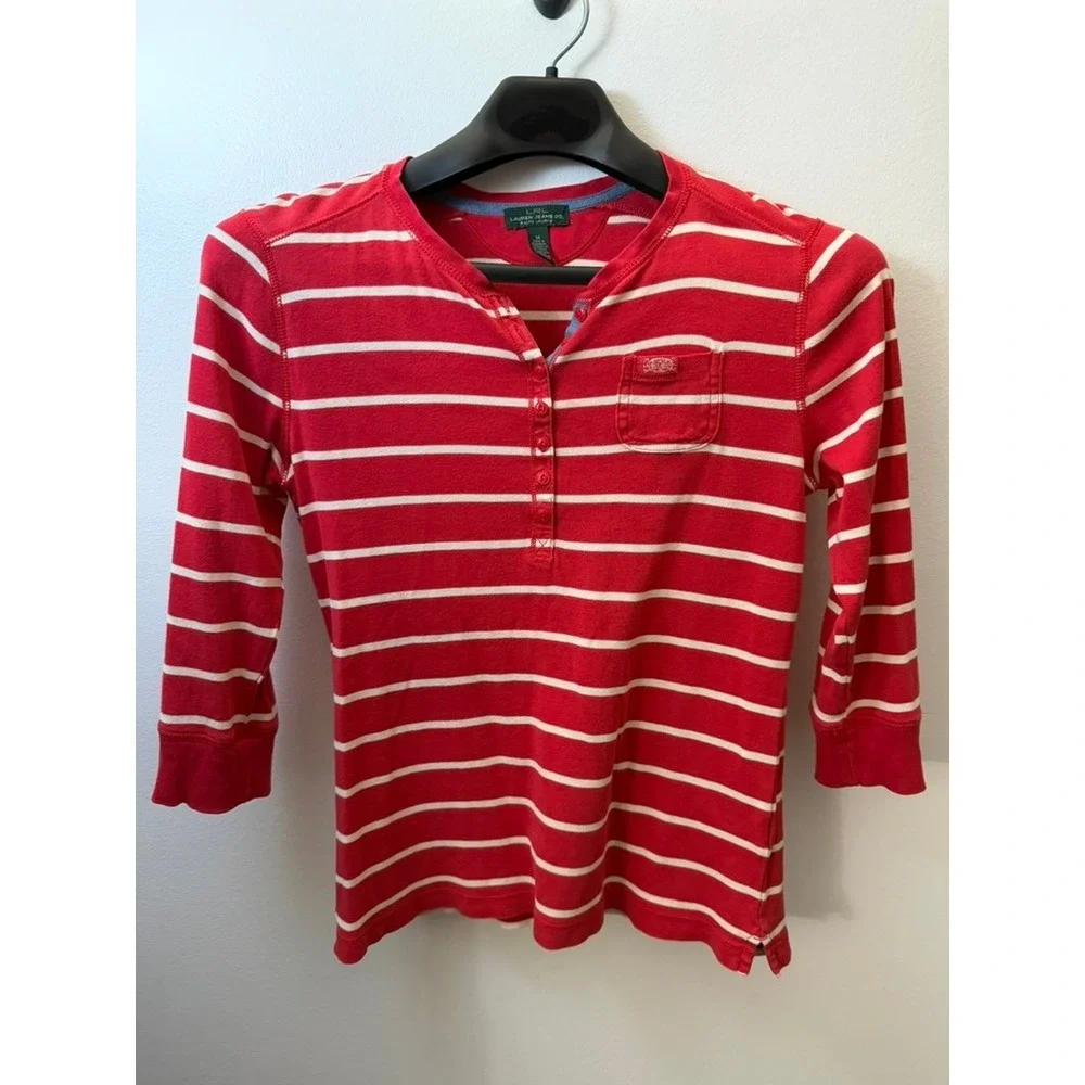 Lauren Jeans Co Ralph Lauren Henley Top Red White Striped 3/4 Sleeve Medium - Picture 1 of 5